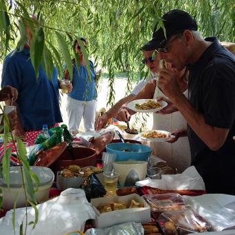 having lunch in a boat farm tour