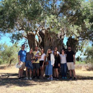 a group of people standing in front of a tree
