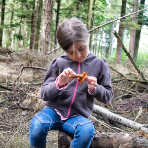 a young boy sitting next to a forest