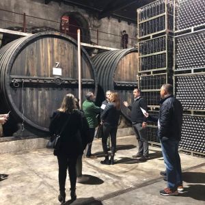 People touring a winery with large wooden barrels and stacked wine bottles.