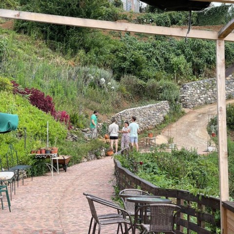 a person sitting on a bench next to a fence