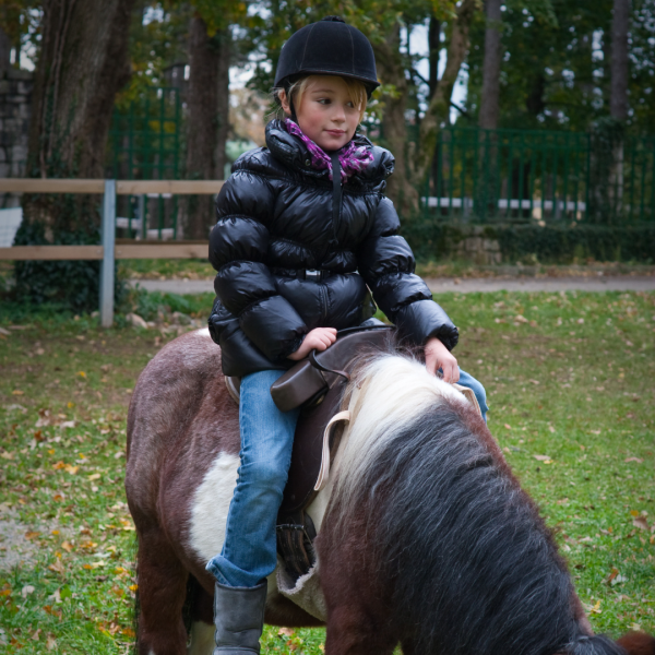 Children enjoying a pony ride on a farm in Portugal