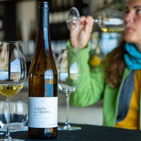 a person sitting at a table with wine glasses
