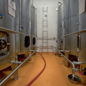 Industrial tanks in a brewery with pipes and a central ladder.