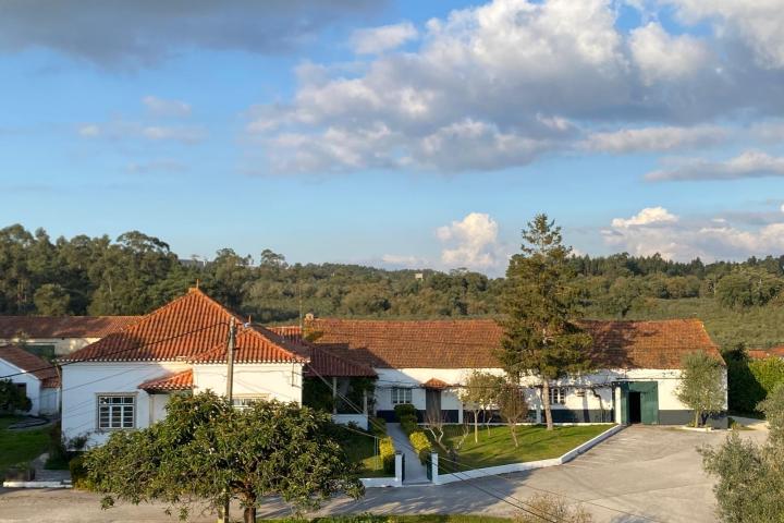Rural house with red roofs, trees, and blue sky with clouds.