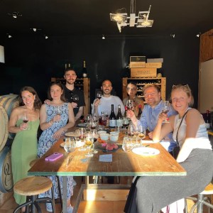 Group of people sitting at a wooden table with wine glasses in a cozy setting.