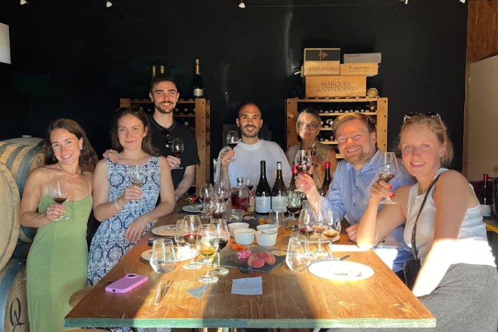 Group of people sitting at a wooden table with wine glasses in a cozy setting.