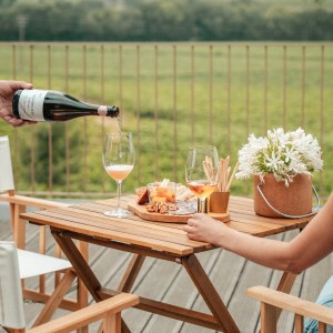 Outdoor table with wine, nuts, cheese, flowers and a scenic vineyard view.