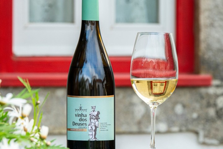 Wine bottle and glass on stone ledge, red window frame, daisies in foreground.