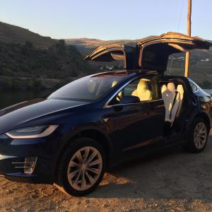 Tesla electric car in Douro Valley wine tour from Porto