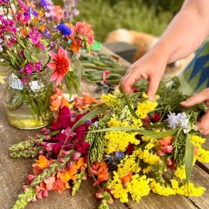 Handmade flower bouquet created during a farm workshop in Portugal