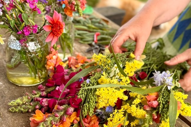 Handmade flower bouquet created during a farm workshop in Portugal