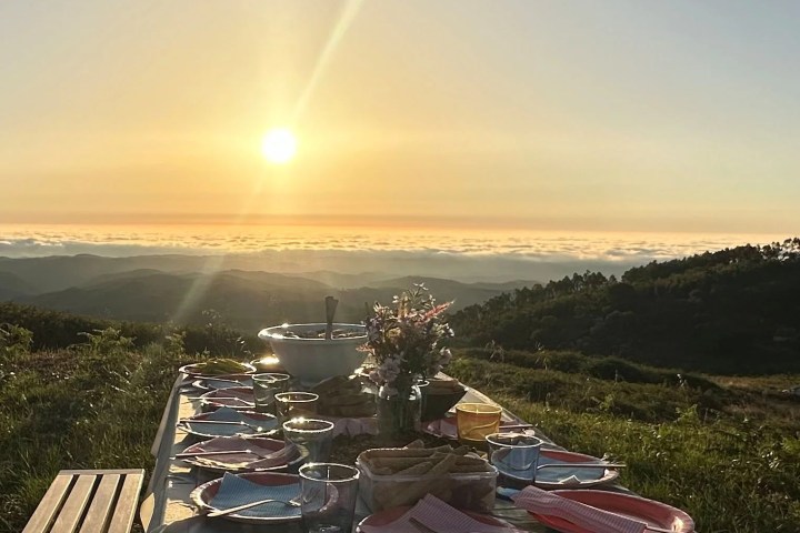 Sunset picnic table details with warm light in the Monchique hills