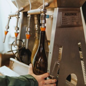 Person placing a bottle under an industrial liquid filling machine.