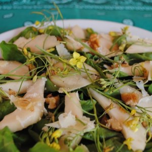 Salad with greens, sliced pears, walnuts, and yellow flowers on a white plate.