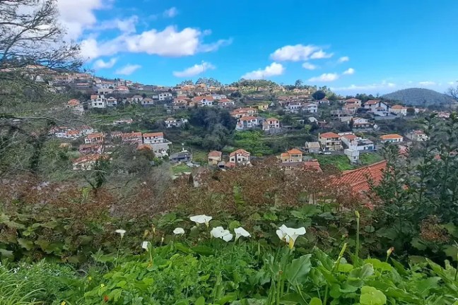 A scenic view of a hillside village with white houses and red roofs under a blue sky with clouds.