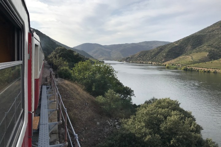 Panoramic view from inside the Douro Valley train showing terraced vineyards and the Douro River