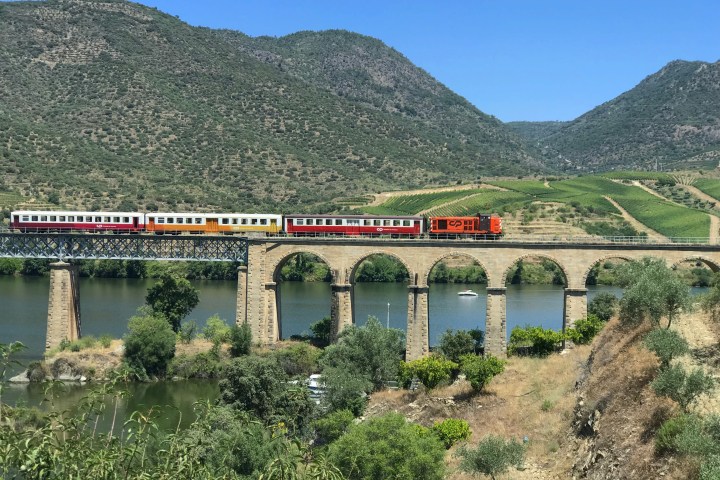 Douro Valley train travelling along the river through terraced vineyards between Pinhão and Pocinho