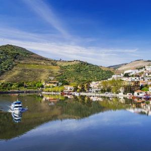 Aerial view of Pinhão village and the Douro River with terraced vineyards in Northern Portugal