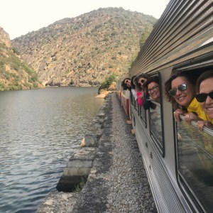 Douro Valley scenic train journey along the riverbank between Pinhão and Régua at dusk