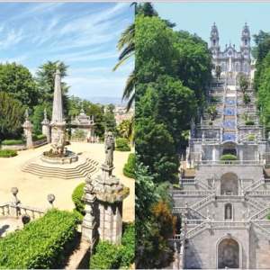 Collage of a garden with an obelisk and a grand staircase with trees.