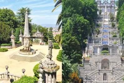 Collage of a garden with an obelisk and a grand staircase with trees.