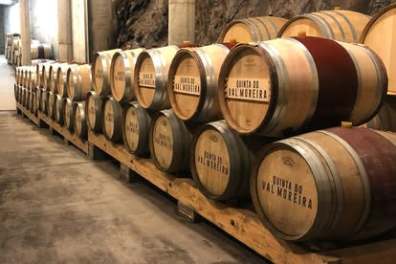 Wine barrels inside a historic Douro Valley wine estate cellar