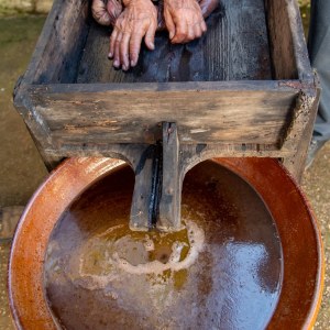 Hands pressing sack in wooden box over brown liquid in bowl.