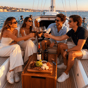 Four people on a boat toasting with wine glasses near the coast.