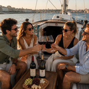 Four people toasting with wine on a sailboat, with snacks and bottles on the table.
