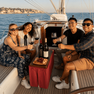 Private 47-foot sailboat sailing past Torre de Belém during a wine tasting tour in Lisbon
