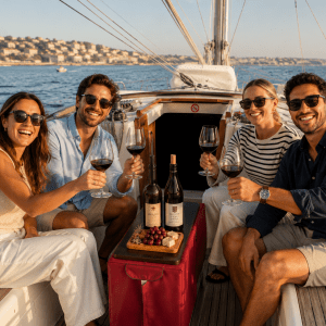 Five Portuguese wines — sparkling, white, rosé, red, and fortified — lined up on a sailboat deck in Lisbon
