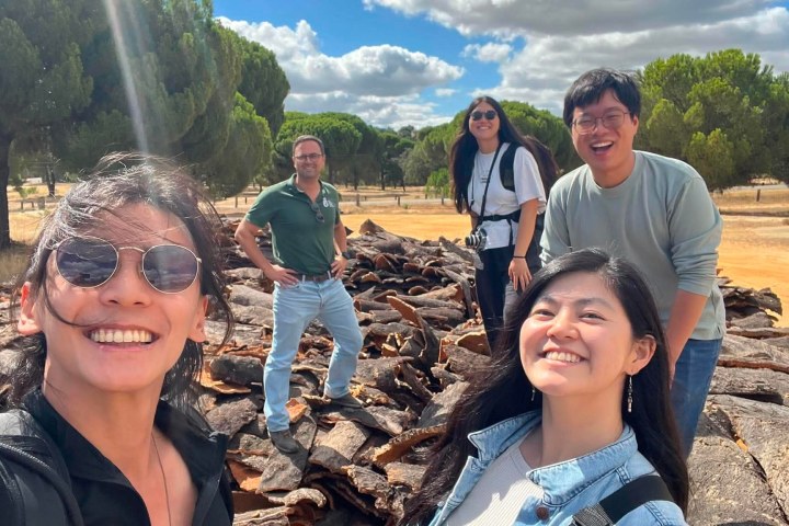 Group of people smiling outdoors near a pile of logs with trees in the background.