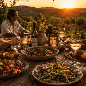 People dining outdoors at sunset with assorted dishes on a wooden table.