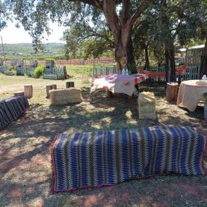 Outdoor setting with covered benches, hay bales, tables, and trees.
