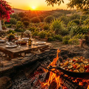 Outdoor dinner with skillet, table setup, sunset over lush landscape.