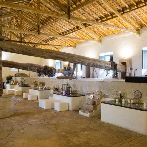 Interior of old olive oil mill with large wooden beams and rustic decor.