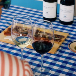 Two wine glasses on checkered tablecloth with wine bottles and a charcuterie board.