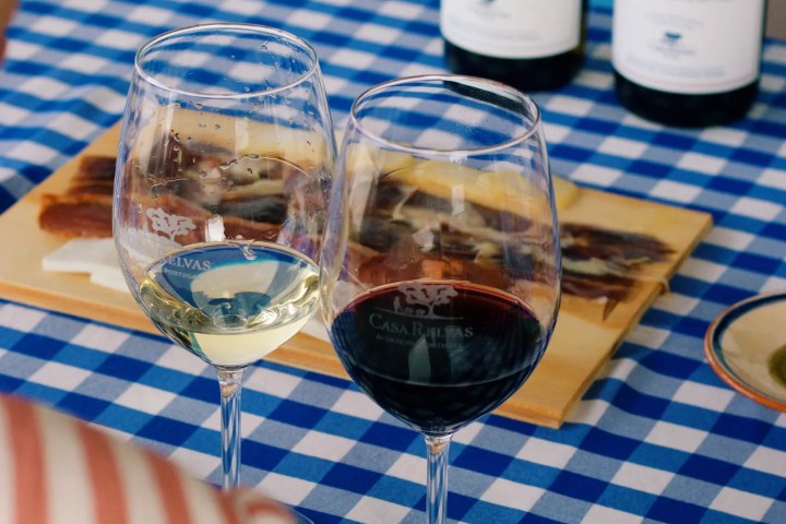Two wine glasses on checkered tablecloth with wine bottles and a charcuterie board.