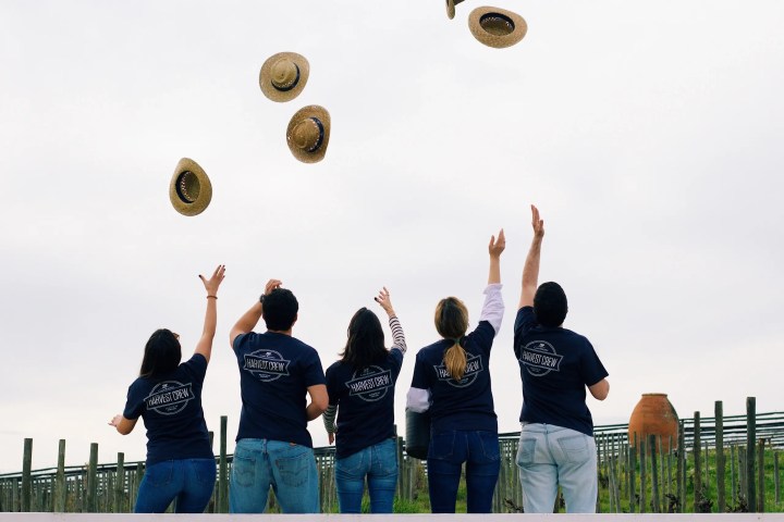 Group of people tossing hats in the air outdoors.