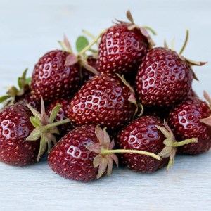 Pile of ripe, dark red strawberries on a light wooden surface.
