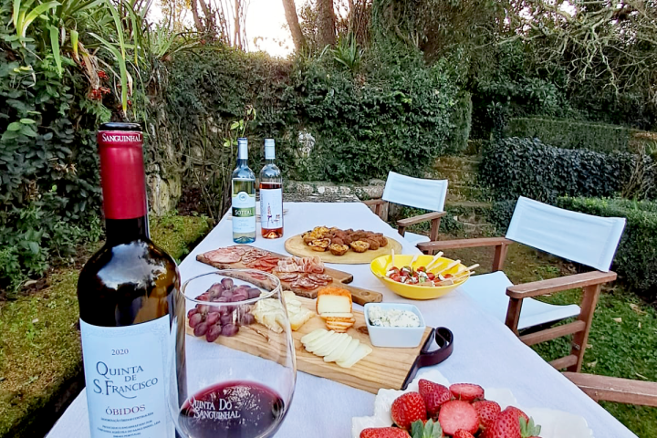 Outdoor table with wine, strawberries, and various snacks in a garden setting.